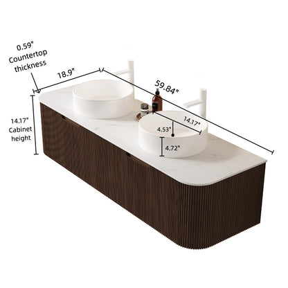 KEIKI 60" Floating Bathroom Vanity with Sink, Double Basin Wall Vanity Cabinet with Curved Edges, 2 Soft-Close Drawers, Pre-Assembled Bathroom Storage Vanity, Walnut