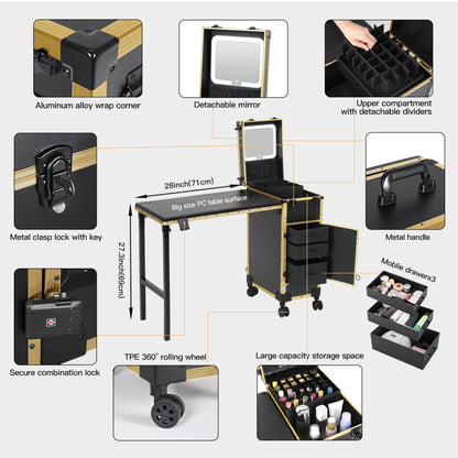 Rolling Portable Manicure Table with 3 Drawers, Lockable Makeup Train Case with Detachable Mirror, Foldable Nail Desk with Wheels & Handle, Mesa de Uñas Profesional para Nail Techs & Salon Use, Gloden