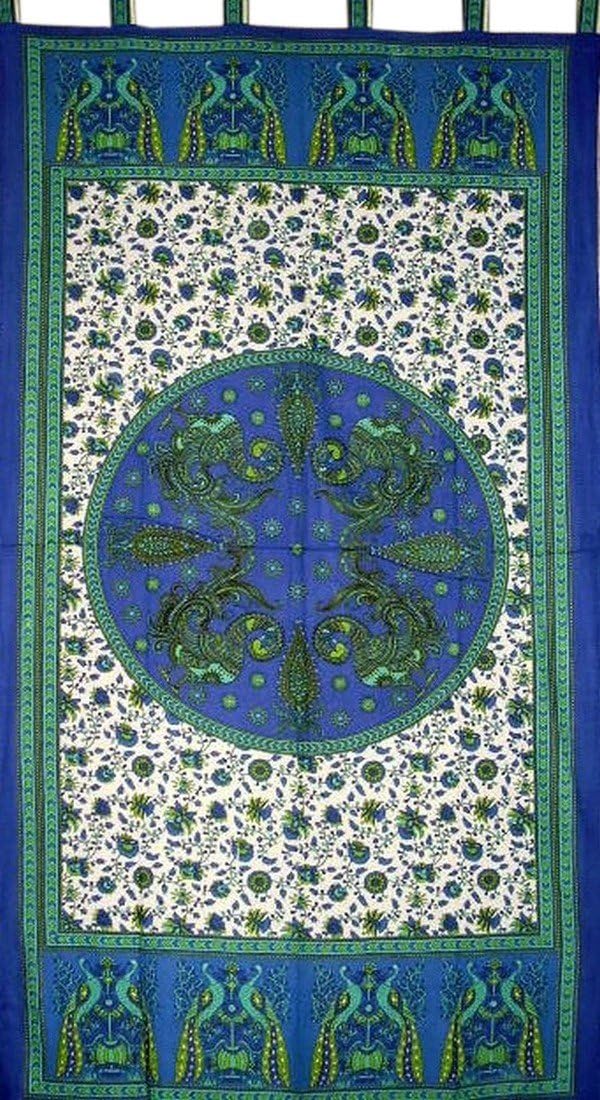 India Arts Peacocks Tab Top Curtain Drape Panel, Cotton, 44" x 88" Blue