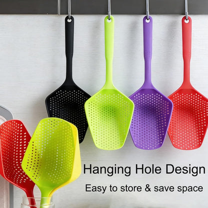 SEIWEI Large Strainer Spoon, Long Handle Tool Colander Draining Scoop, Heat-Resistant Pasta Strainer Cooking Kitchen for Spaghetti, Noodles, Veggies, Non-Slip Grip & Hanging Loop, 13.5'', Green