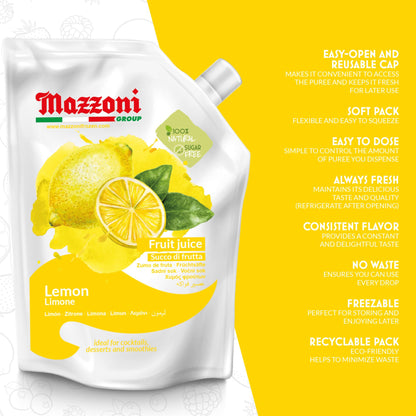 Mazzoni - Lemon Juice, 100% Pure Lemon, Just Juice, No Sugar Added, Not from Concentrate, No Added Ingredients, Mixer for Cocktails, Drinks, Smoothies – 2.2 lb Convenient Pouch, Made in Italy
