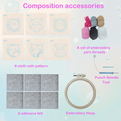 57lilina Punch Needle Coaster Kit for Adults Beginners Kids, 6 Set Complete Animal Cat Punch Needle Stitching Embroidery Art Kit, Step-by-Step Guide Make Punch Needling Drink Coasters for Starter