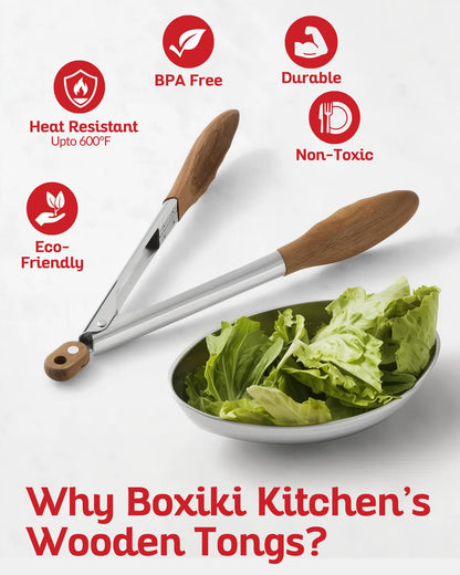 Boxiki Kitchen Wooden Tongs for Cooking - Nonstick Kitchen Salad Tongs for Serving Food, Grilling, Cooking, BBQ and Tossing Salad - Made of Natural Walnut Wood, Size 12-inch