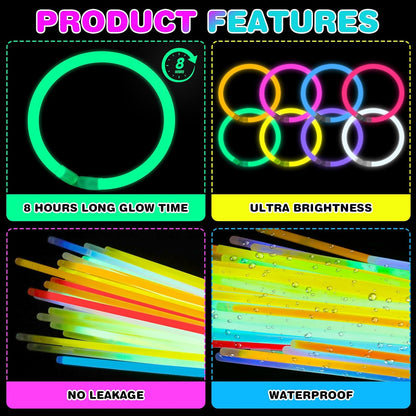 YixangDD 1000 PCS Ultra Bright Glow Sticks - 8 Inch Party Pack for Bracelets & Necklaces