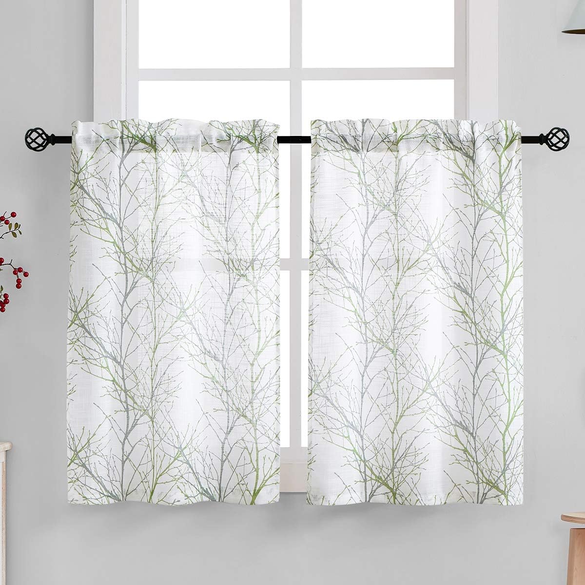 FMFUNCTEX Sage Green Kitchen Curtains, Semi Sheer Linen Tiers for Bathroom, Cafe, 24 Inch Length, 2 Panels