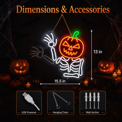 Waving Pumpkin Skeleton Neon Sign, Flashing Halloween Neon Sign, Dimmable Skull Led Light for Wall Decor, Halloween Decorations for Home, Party, Bar, Window