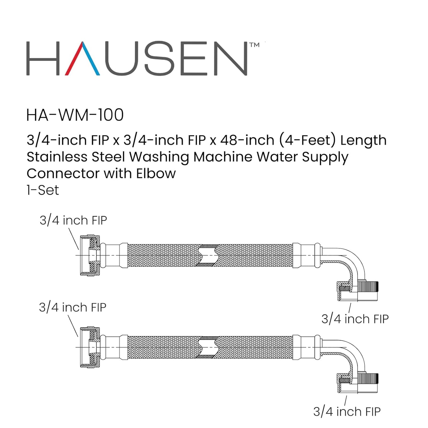 Hausen 48-Inch Stainless Steel Washing Machine Connector, 4 Feet Elbow Supply Line, 1-Pack