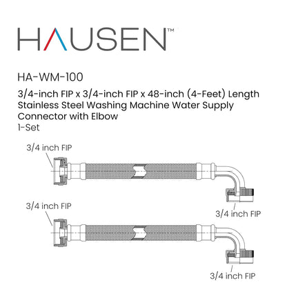 Hausen 48-Inch Stainless Steel Washing Machine Connector, 4 Feet Elbow Supply Line, 1-Pack