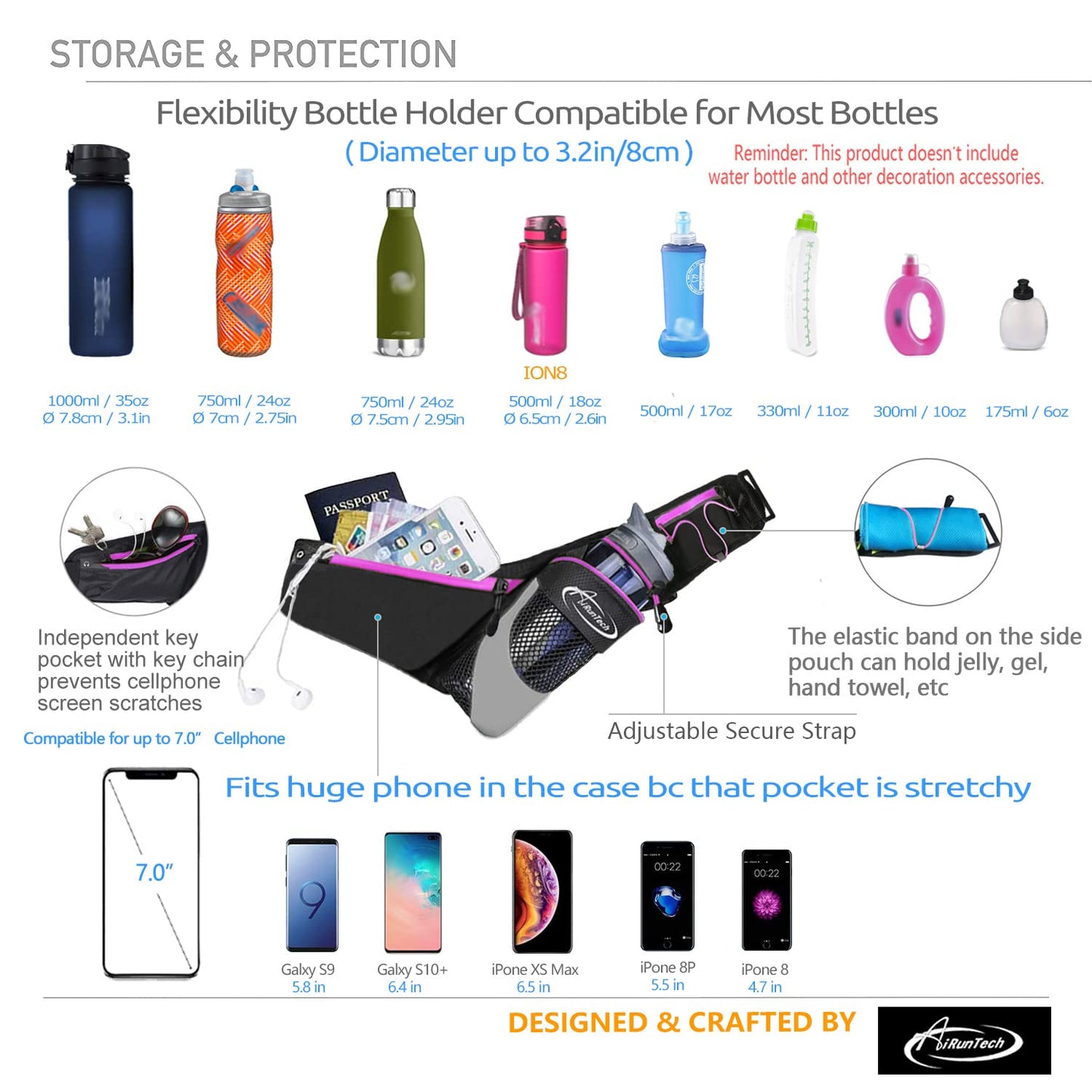 AiRunTech Upgraded No Bounce Hydration Belt Can be Cut to Size Design Strap for Any Hips for Men Women Running Belt with Water Bottle Holder with Large Pocket Fits Most Smartphones(Pink)