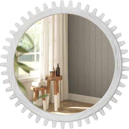 30 Inch ULIKE Round Wood Mirror, Rustic Farmhouse Circle Mirror with Wooden Frame, Modern Wall Decor for Bathroom