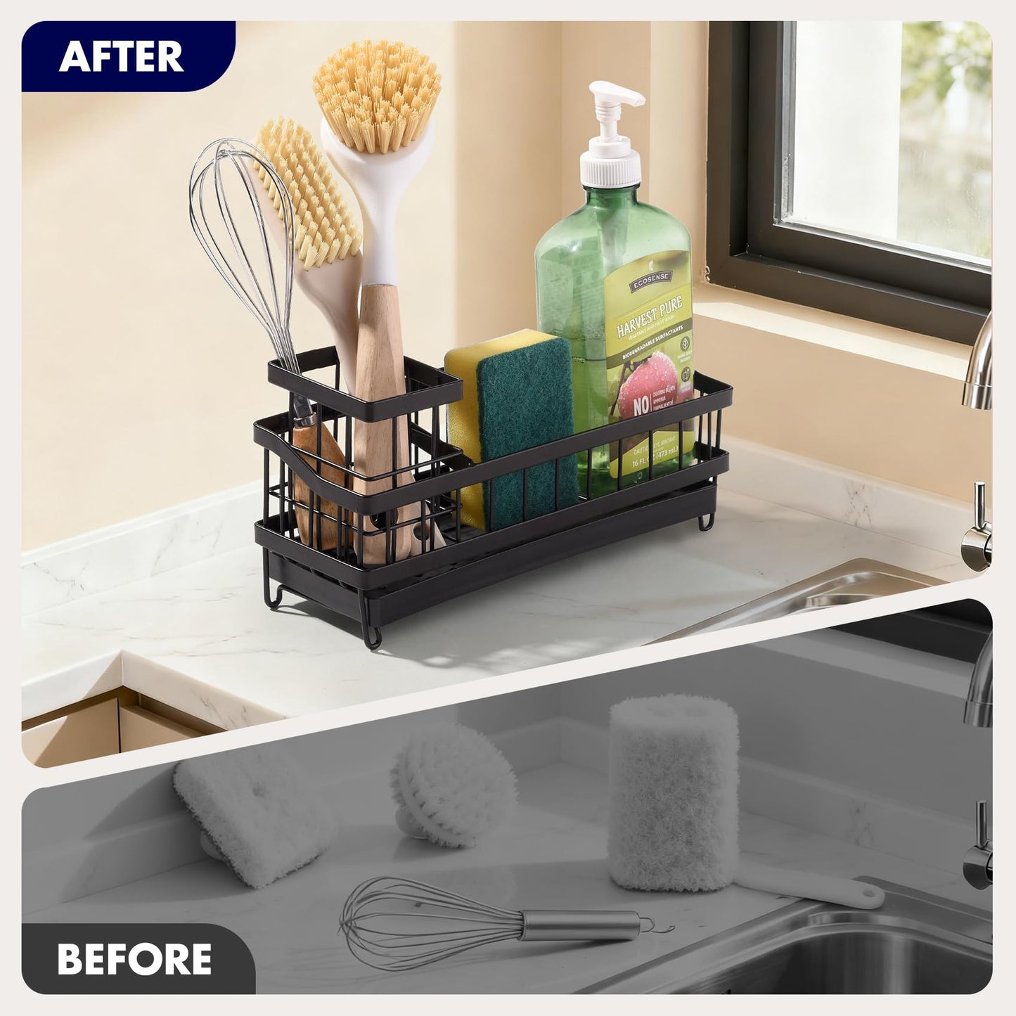 Aurchdly Sponge Holder for Kitchen Sink, Sink Caddy Organizer with High Brush Holder, Kitchen Countertop Organizers and Storage Essentials, Kitchen Decor, Rustproof 304 Stainless Steel