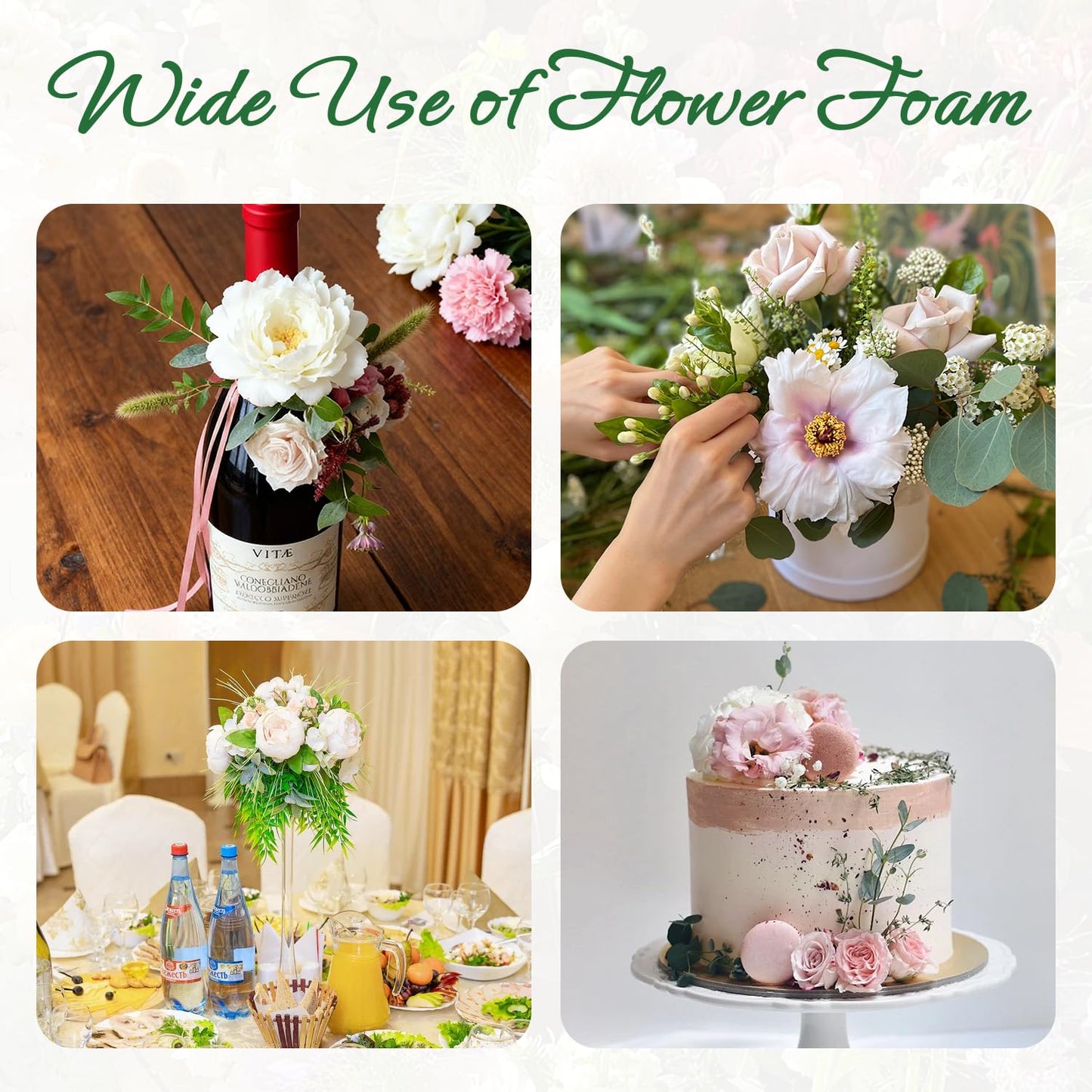 Flower Foam Holders, 12 Pcs Green Round Floral Foam with Adhesive & 38Yd Wire for Wine Bottle Arrangements, Wedding Centerpieces, DIY Fresh/Dried Artificial Flowers Decor