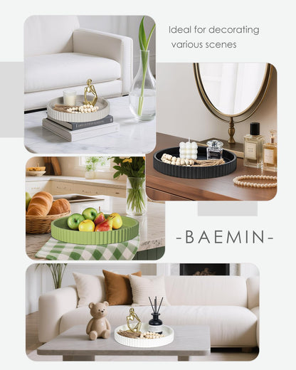 Baemin Concrete Coffee Table Tray, 11" Decorative Tray for Home Decor, Sturdy Modern Centerpiece, Round Serving Tray with Fluted Edge, Black