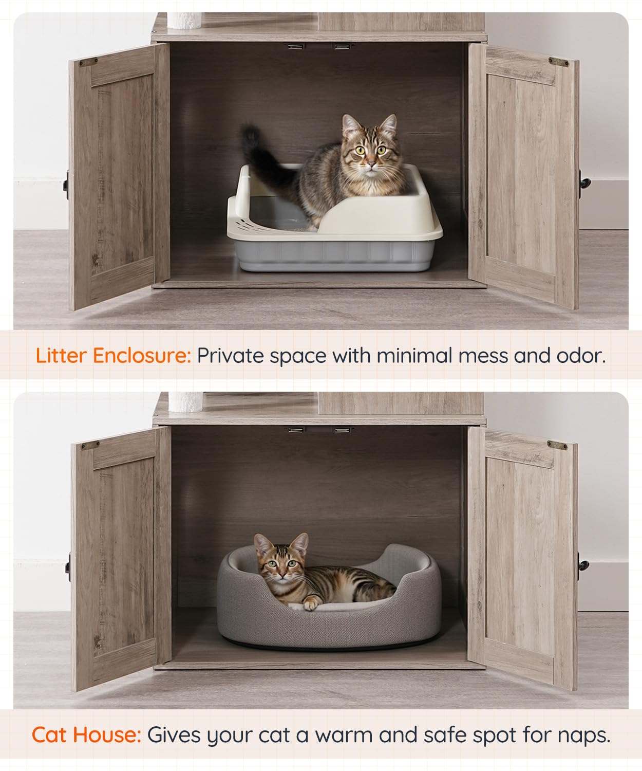 HOOBRO Cat Tree with Litter Box Enclosure Indoor, Wooden Cat Tower with Scratching Posts, Litter Box Furniture Hidden, All-in-One Cat House, Greige BG15MZ03-BG51MZ03