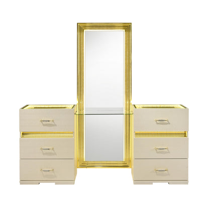 Furniture of America Mynar Modern Solid Wood 6-Drawer Makeup Vanity Set with Stool and LED Light, Dressing Table with Mirror, for Bedroom, Guest Room, Beige