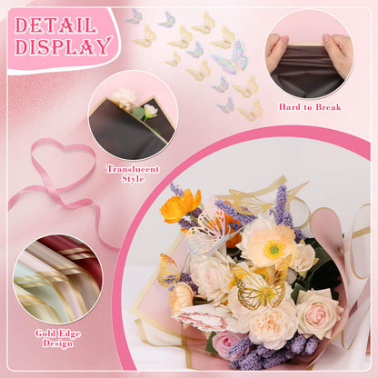Thrilez 187PCS Flower Bouquet Wrapping Paper Kit Includes 40 Floral Paper, 24 Butterflies, 100 Bouquet Pins, 3 Ribbons and 20 Greeting Cards for Mother's Day Wedding Baby Shower Graduation