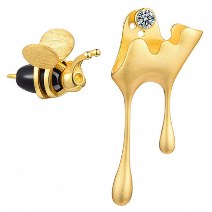 Lotus Fun S925 Sterling Silver Earrings Bee and Dripping Honey Asymmetric Stud Earrings, Creative Handmade Unique Jewelry Gifts for Women (Gold)