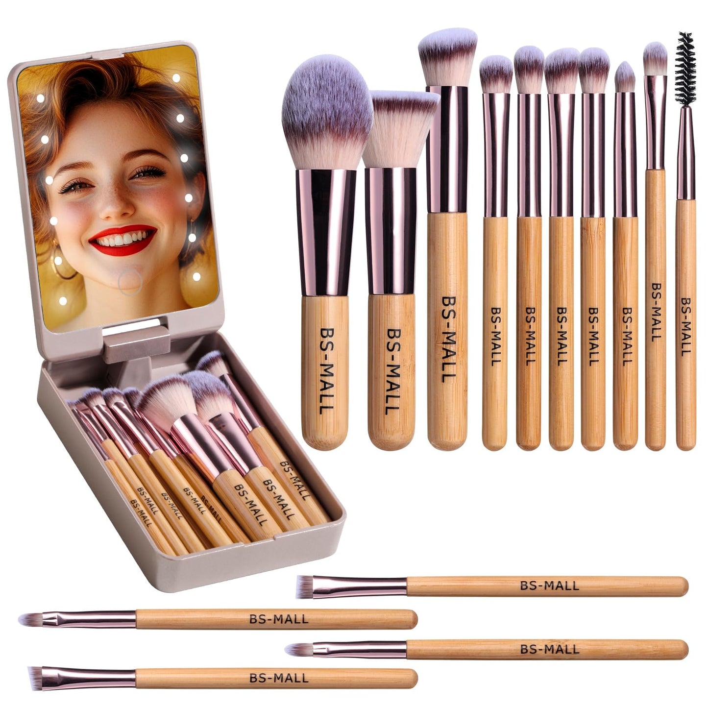 BS-MALL Travel Makeup Brush Set Foundation Powder Concealers Eye Shadows Makeup Set with LED light Mirror 14 Pcs (Green)