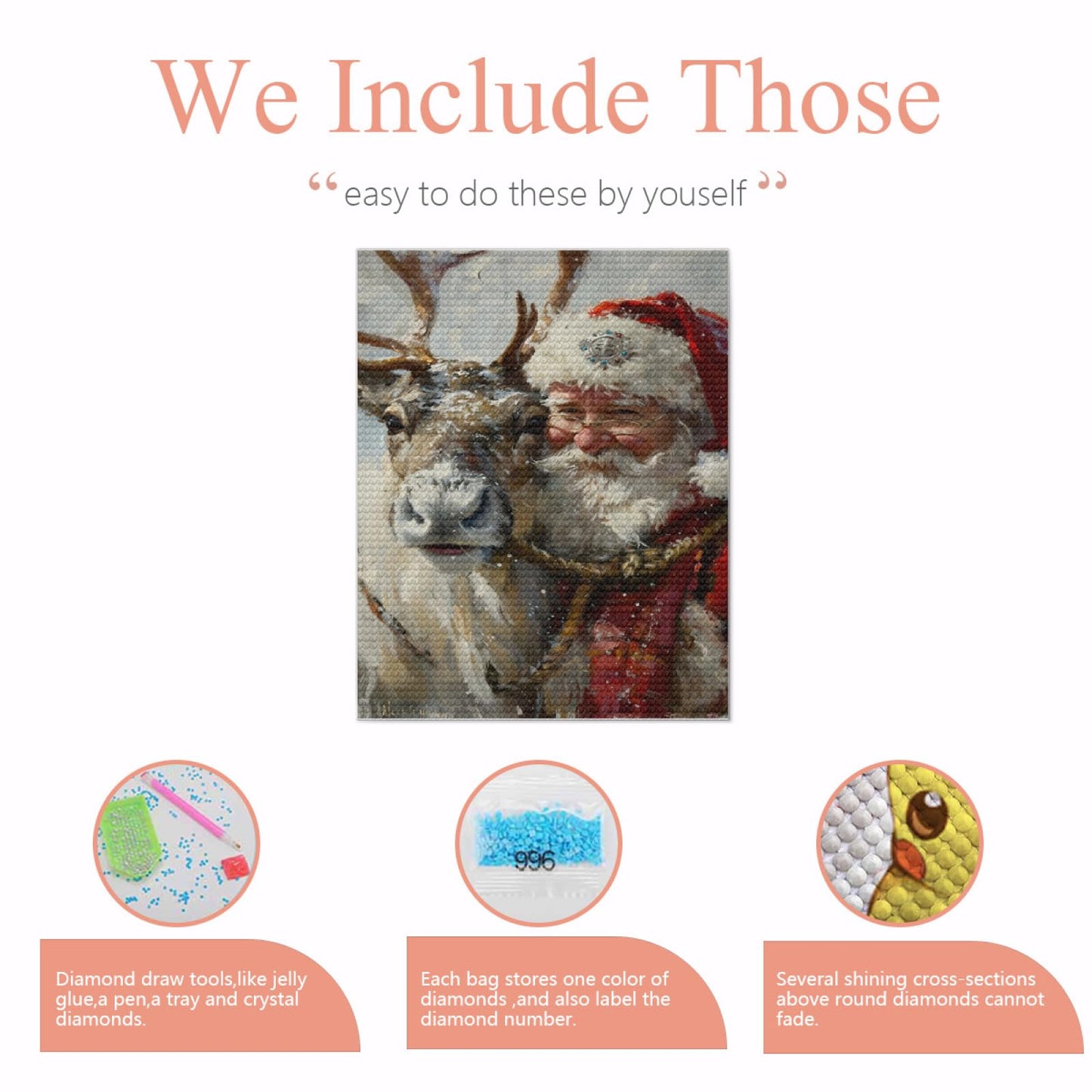 CVURMFH 5D Winter Diamond Art Kits for Adults Beginners,Xmas Christmas Santa Claus Deer Diamond Art,DIY Full Round Drill Christmas Diamond Painting Kits for Adults 16x20 Inch