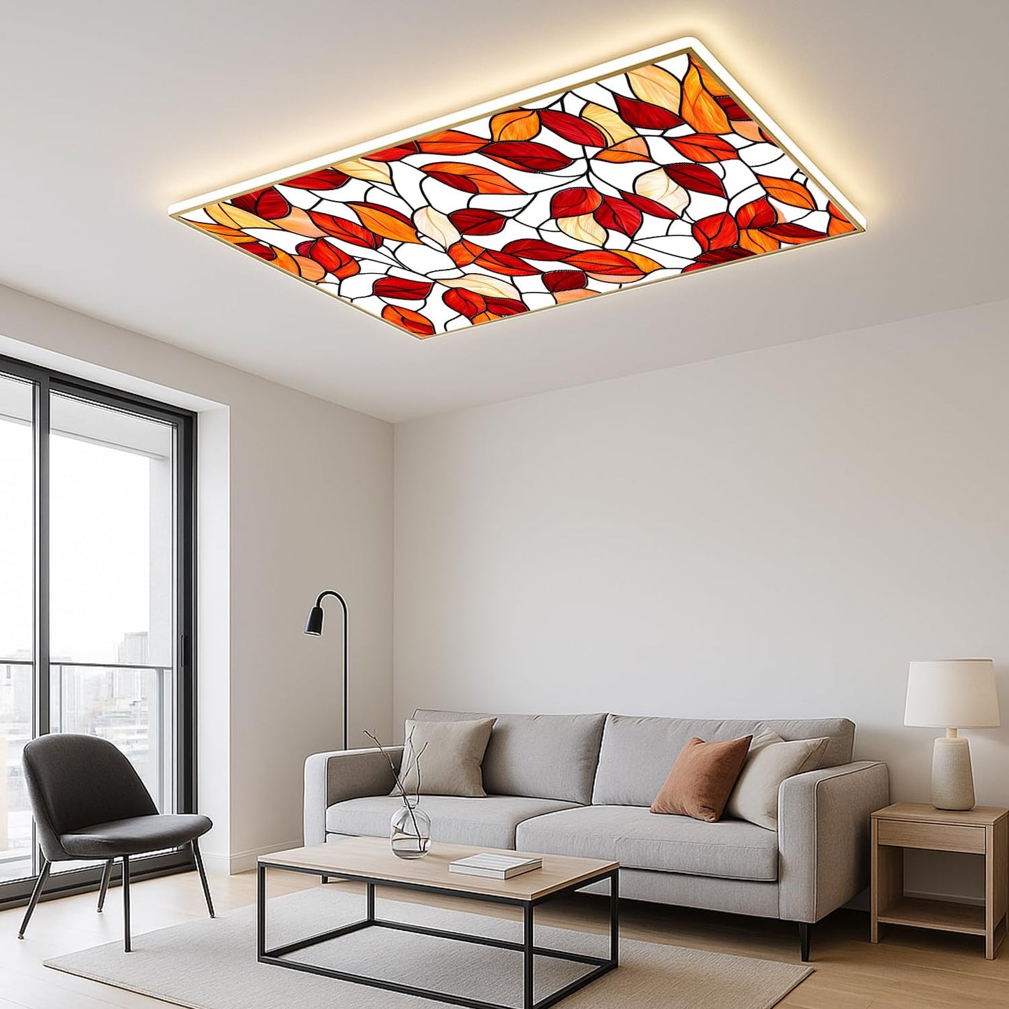 Fluorescent Light Covers for Ceiling Lights-Magnetic,2pcs,Geometric & Stained Glass Designs for Ceiling Lights 2ft x 4ft-For Classroom, Office，Home (Stained Glass Leaves, 48"L x 24"W-2pcs)