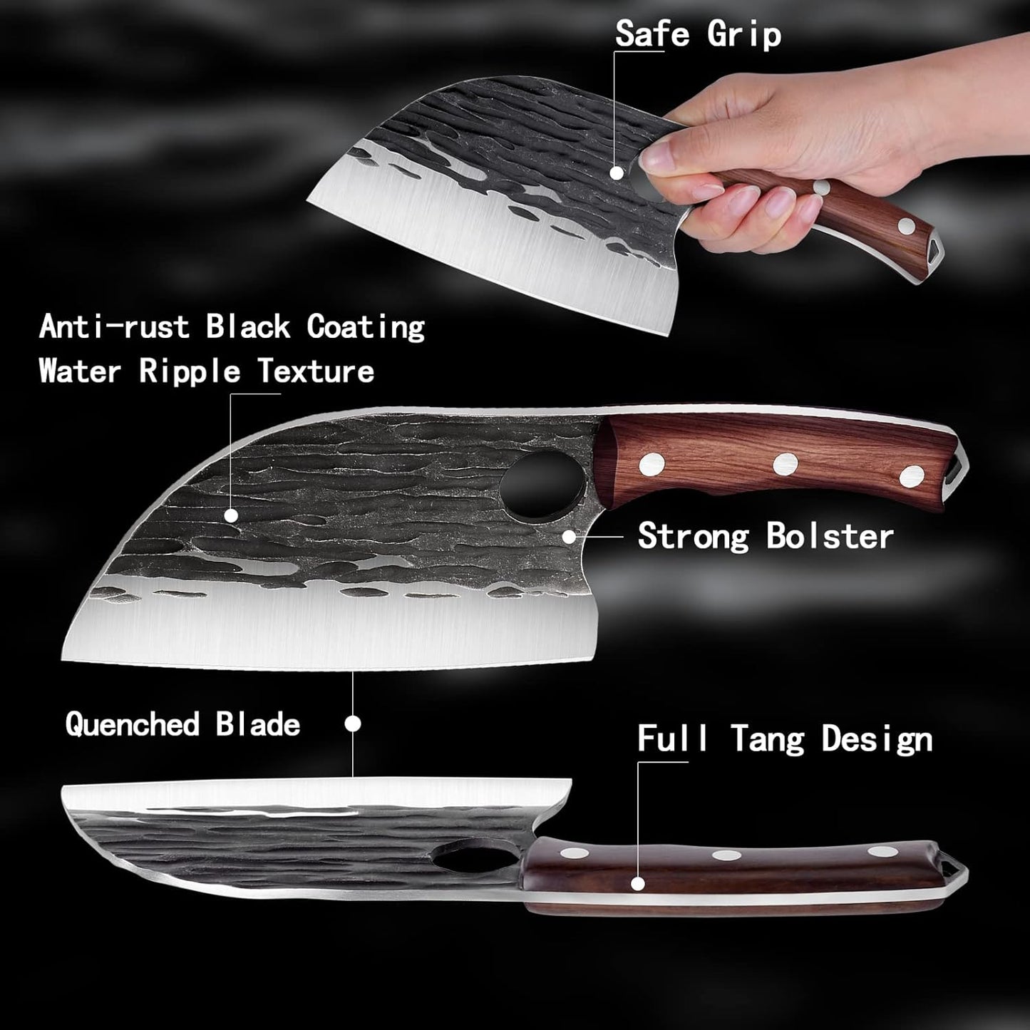 ROCOCO 6.5" Serbian Chef Knife, Full Tang Japanese Butcher Knife with Sheath for Kitchen, Outdoor BBQ, Camping Gift