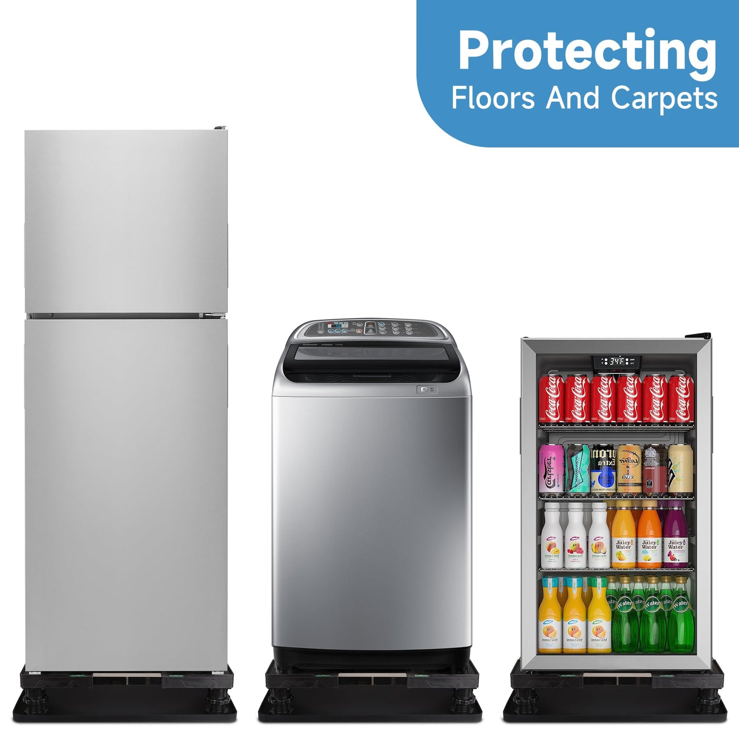 Mini Fridge Stand with Silicone Mat, Universal Stand Base is Adjustable, 4 Sturdy Feet and Hardened Steel Tube, 24''x 24'' Drain Pan, Suitable for Fridge, Washing Machine, Dryer, Wine Cabinet.