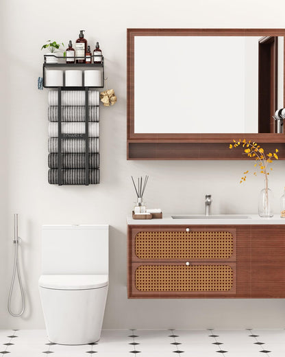 Aetyord Towel Racks for Bathroom 31inch Wall Mounted Towel Rack,Floating Shelf with Wood Plank,Towel Storage for Bathroom can Holds 6 Large Rolled Towels,All Black