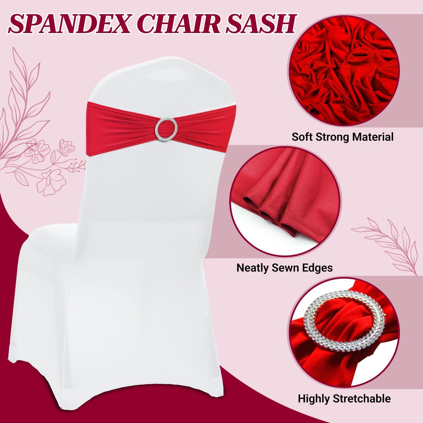 MDS Premium Spandex Chair Sashes - Stretchy Bow Covers with Buckle Slider | Universal Fit for Weddings & Events - Red