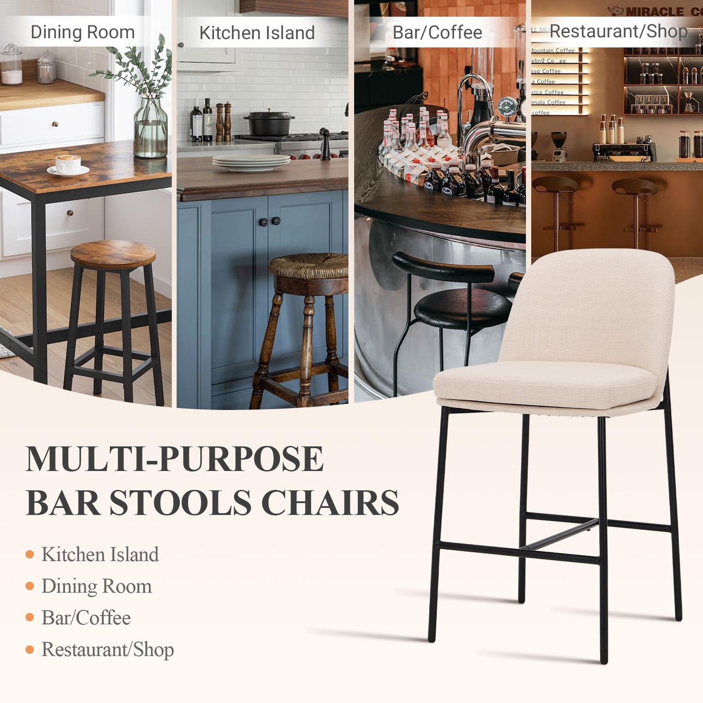 COLAMY Counter Height Bar Stools Set of 4, 25 Inch Modern Fabric Kitchen Island Stools with Back, Upholstered Counter Barstools Armless Bar Chairs with Metal Legs for Island Dining Room Bar, Beige