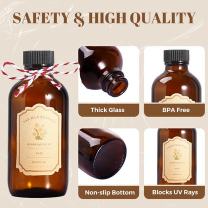 Jarsoph 4oz Amber Glass Bottles 8 PCS - Brown Boston Round Glass Bottles for Homemade Vanilla Extract, Essential Oils, Herbal Medicine, DIY Crafting - UV Protective 8 Pack Bottles for Syrup, Sauce