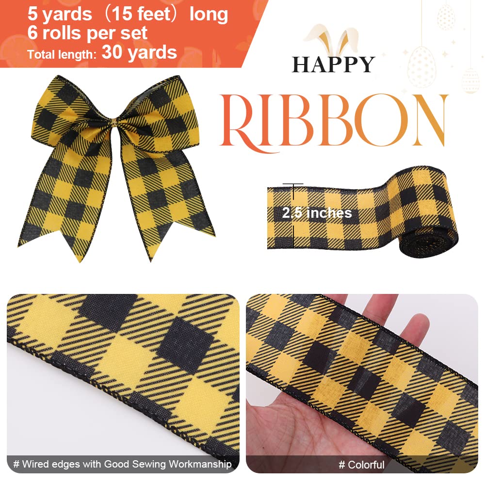 SiCai Ribbon 6 Rolls 30 Yards Bee Ribbon,Wired Edge Ribbon,Honey Ribbon for Spring Summer Craft Wrapping,2.5 inches Stripes,Polka,Dots,Gnome Ribbons Floral Arrangements,Packages,Home Decor