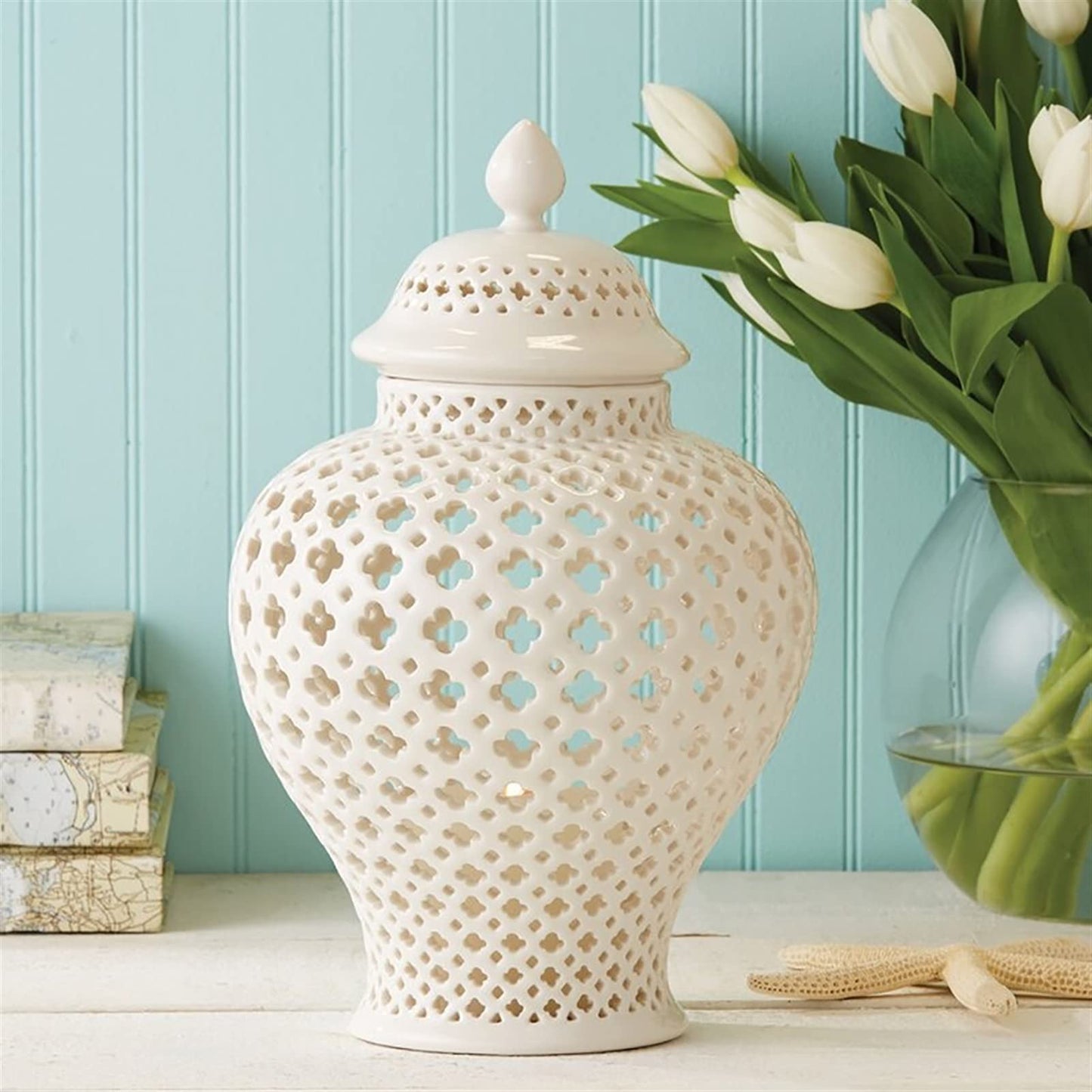 Ginger Decorative Jar with Lid White Porcelain Handcrafted Ceramic Vases for Flowers Traditional Chinese White Carved Lattice Ginger Jar with Lid Decorative Porcelain Vases Temple,White23*38cm