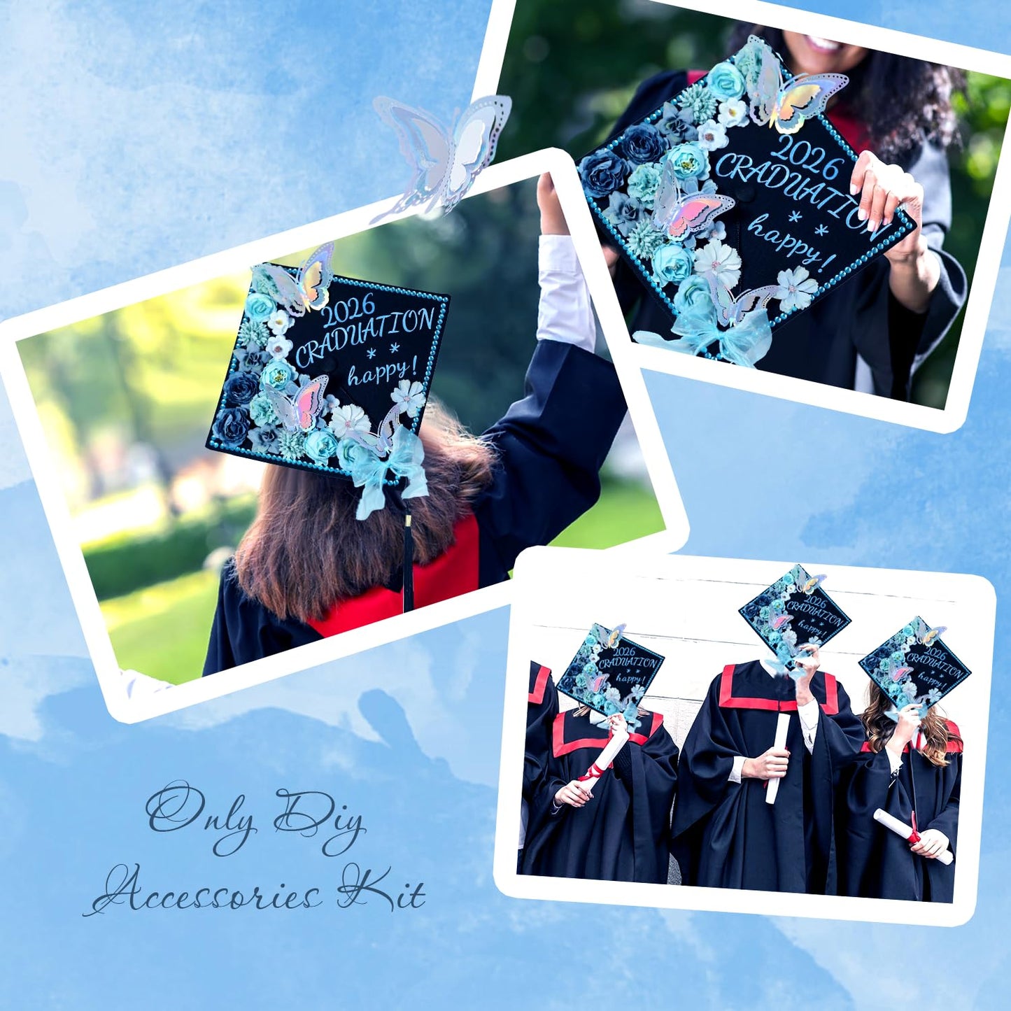 39Pcs Graduation Cap Decorations Kit Blue Artificial Flowers 3D Butterfly Stickers Blue Satin Bow Glitter Rhinestones Alphabet Letter Number Stickers for 2026 Graduation Party Supplies