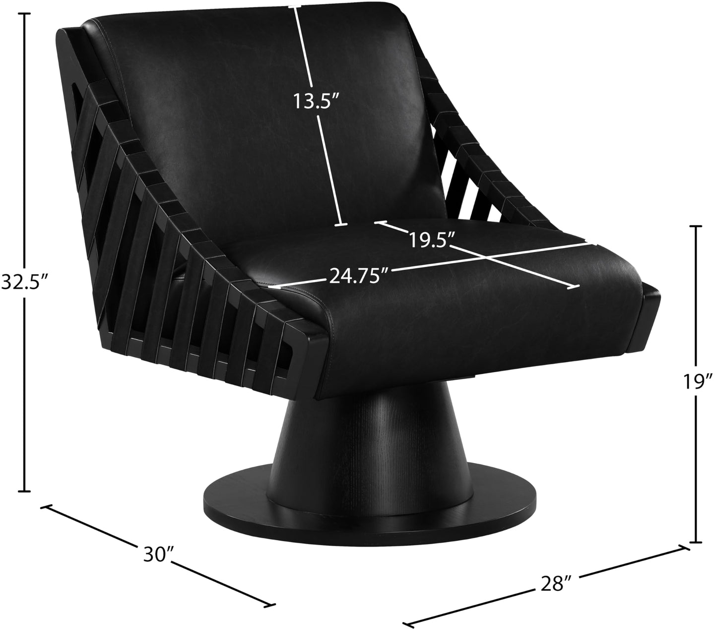 Meridian Furniture 33002Black Millwin Collection Art Deco Swivel Accent Chair with Rich Black Vegan Leather, Black Finish, Solid Wood Frame and Base, 28" W x 30" D x 32.5" H, Black