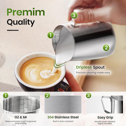 14oz Nahida Handheld Milk Frother Wand with Stand & Milk Frothing Pitcher Milk Coffee Cappuccino Latte Art - White