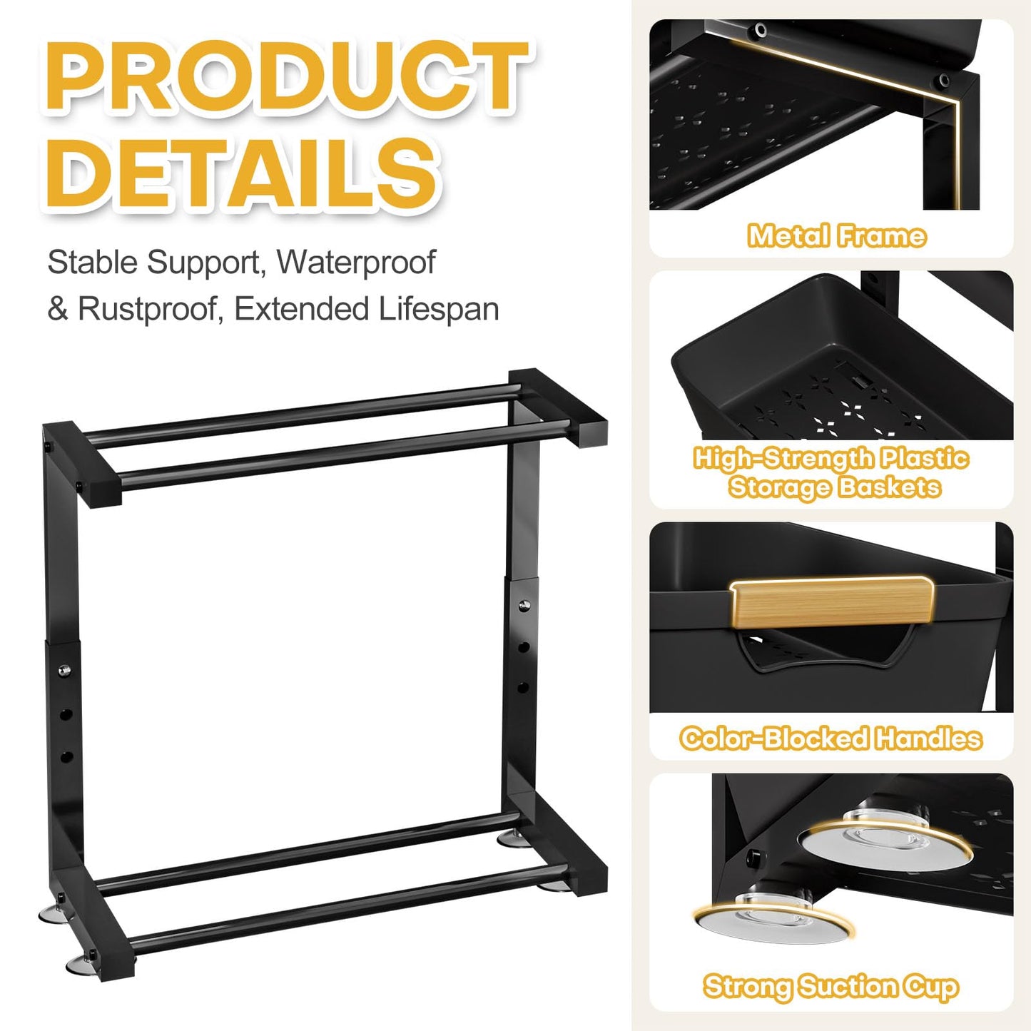 Homde 2-Tier Under Sink Organizer: 2pcs Set Adjustable Pull Out Drawer Undersink Cabinet Storage Rack for Home Kitchen Bathroom