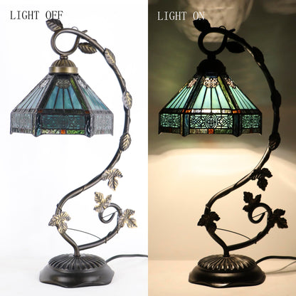 LXHCYOU Tiffany Table Lamp, Stained Glass Desk Light, 8X10X21 Inches, Metal Leaf Base (Sapphire Style)
