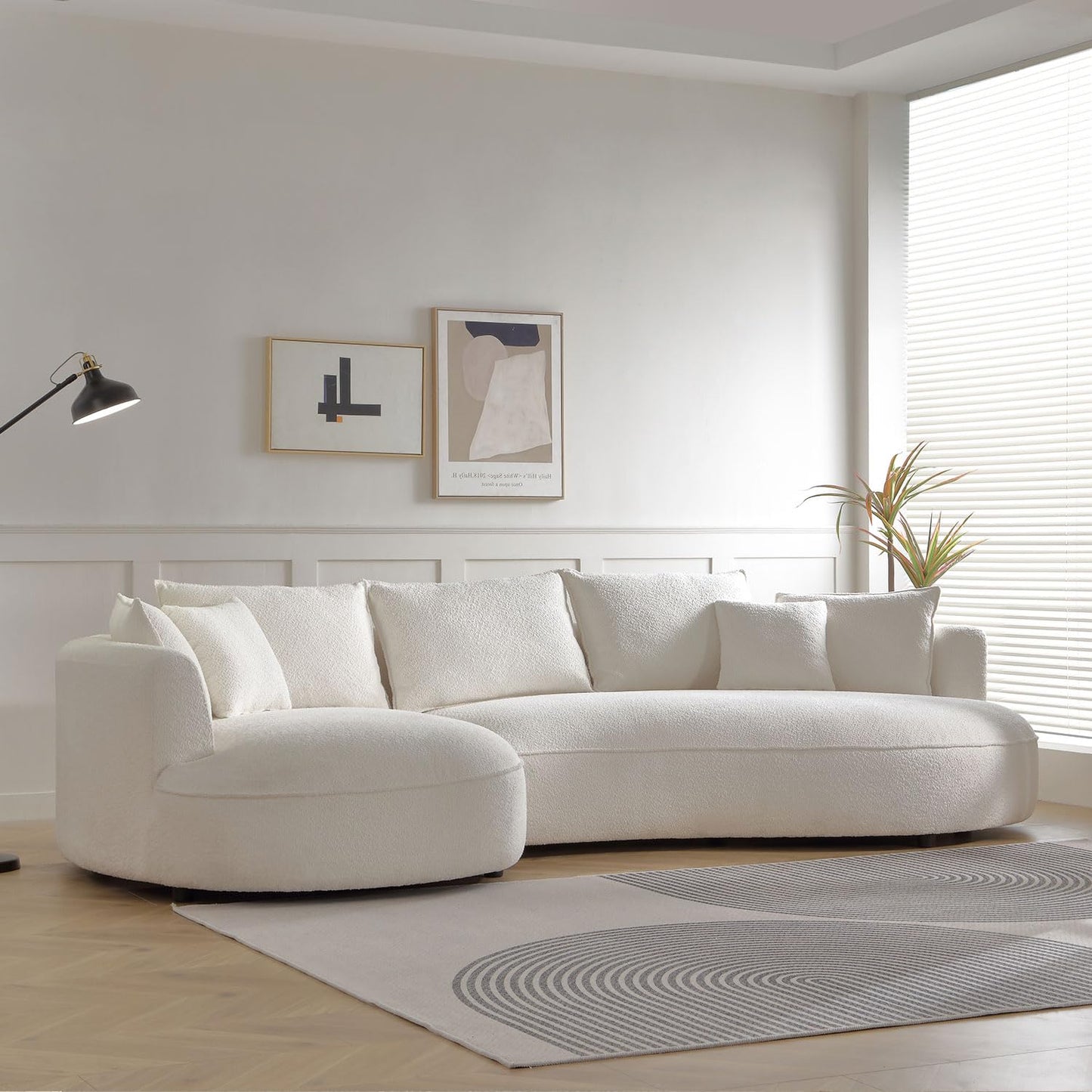 KEIKI 129" Luxury Curved Boucle Sectional Sofa with Left Chaise, Upholstered Modern Style Oversized 5-Seater Couch with Thickened Seat Cushions, Easy Assembly, for Apartment, Living Room, White