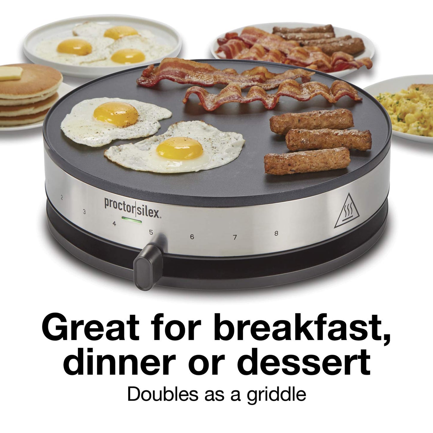 Proctor Silex Electric Crepe Maker with 13” PFAS-Free Nonstick Griddle for Eggs, Pancakes, Omelets and Quesadillas, with Temperature Control, Spatula, Spreader, Batter Cup, Stainless Steel (38400MN)