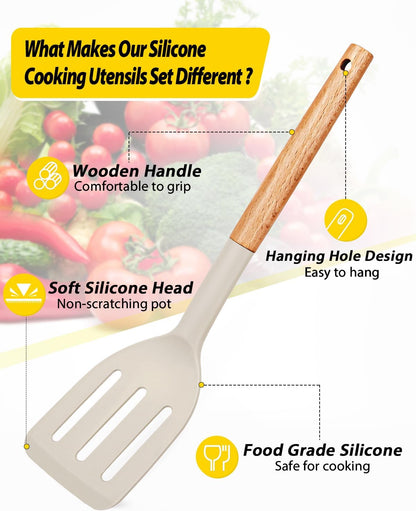 Skiennix Silicone Cooking Utensils Set - Non-Stick Spatulas & Heat-Resistant Spoons | 4-Piece Khaki Kitchen Set