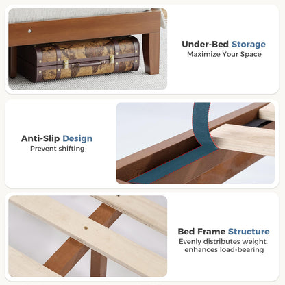 HAPPYMONT Solid Wood Bed Frame, Queen Size Platform Bed Frame with Headboard, Sturdy Wood Slat Support, Heavy Duty Pine Wood Bed Frame for Bedroom, No Box Spring Needed