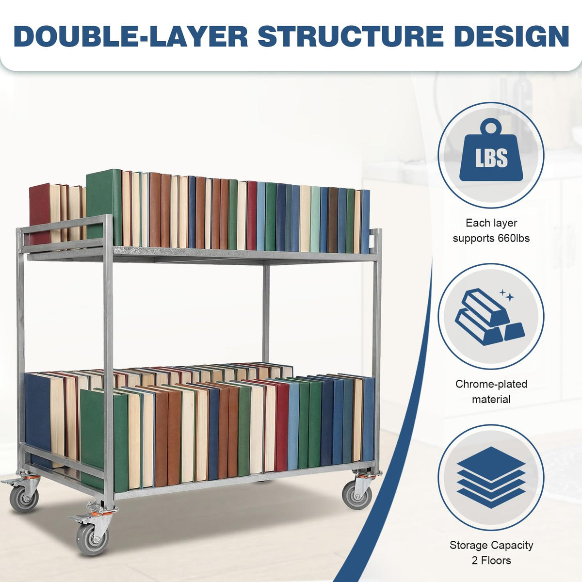 Generic 2 Shelf Rolling Cart Utility Commercial Cart with Wheels 660lbs Capacity with Handle for Warehouse/Garage/Cleaning/Manufacturing
