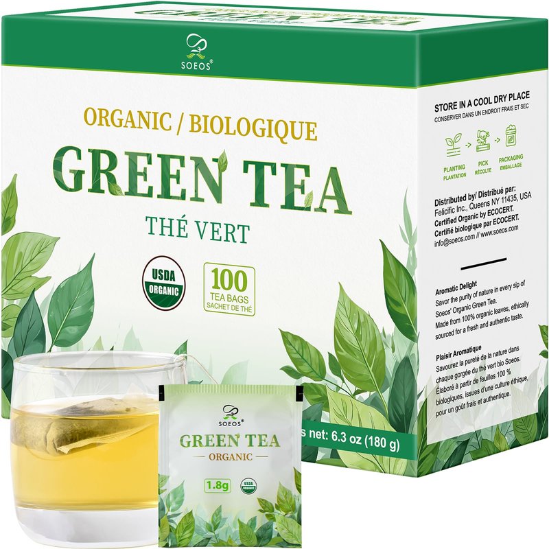 Soeos Organic Green Tea, 100 Tea Bags (Pack of 1), Caffeinated, Low Caffeine, Fresh and Healthy Green Tea, 6.3 Ounce