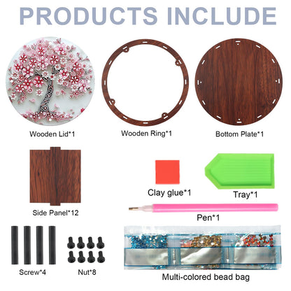 antor 5D Diamond Painting Snack Storage Box – Cherry Blossom Tree Design Round Wooden Container with Lid – Floral Elegant Crystal Rhinestone Art Craft Gift for Adults