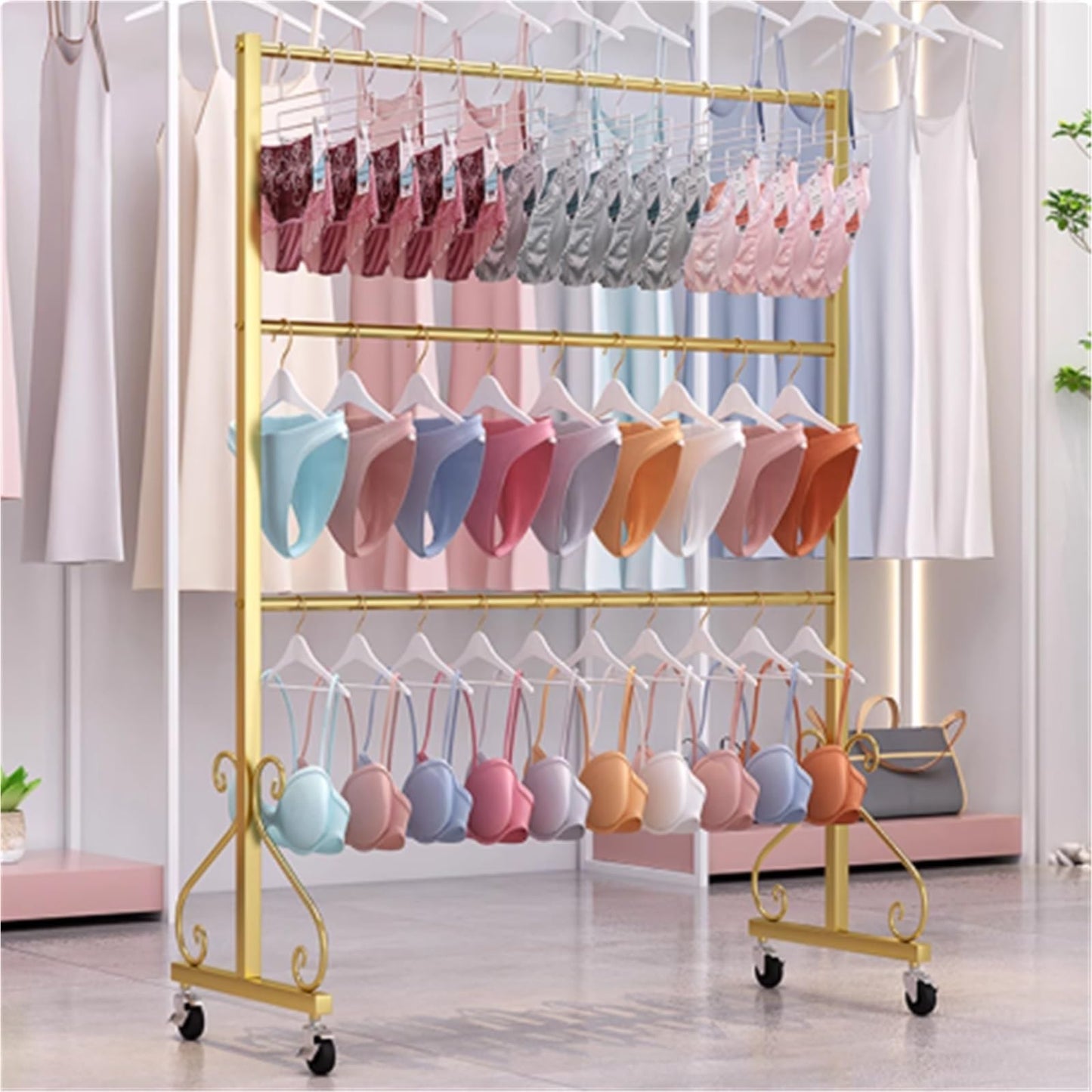 Lingerie Bra Rack with Wheels, Metal, 3 Tier Underwear Display Stand, Anti-Slip, Retail Showshelves, Commercial Clothing Store Shelf, for Shorts, Hats, Sock(Silver,120 * 40 * 130cm