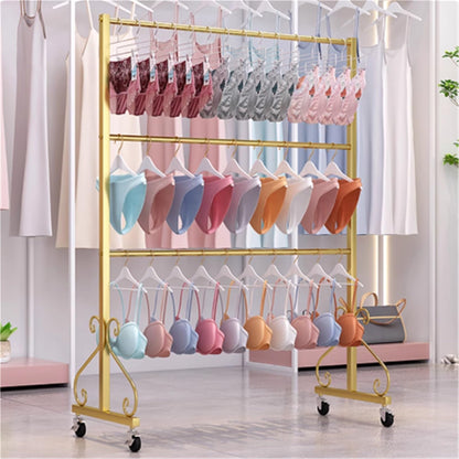 Lingerie Bra Rack with Wheels, Metal, 3 Tier Underwear Display Stand, Anti-Slip, Retail Showshelves, Commercial Clothing Store Shelf, for Shorts, Hats, Sock(Silver,120 * 40 * 130cm
