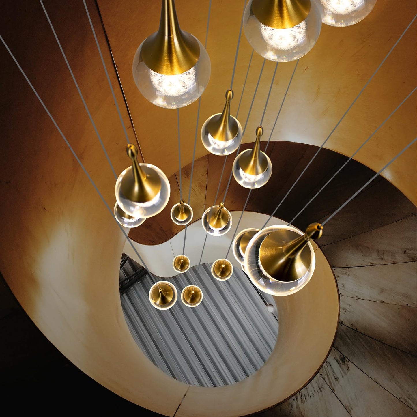 GINSENGLUX Gold LED Staircase Chandelier for High Ceiling, Gold LED Dimmable Remote, Modern Crystal Teardrop Long Hanging Pendant Light for Stairwell Living Room Entryway Stair Foyer, H118in 16 Lights