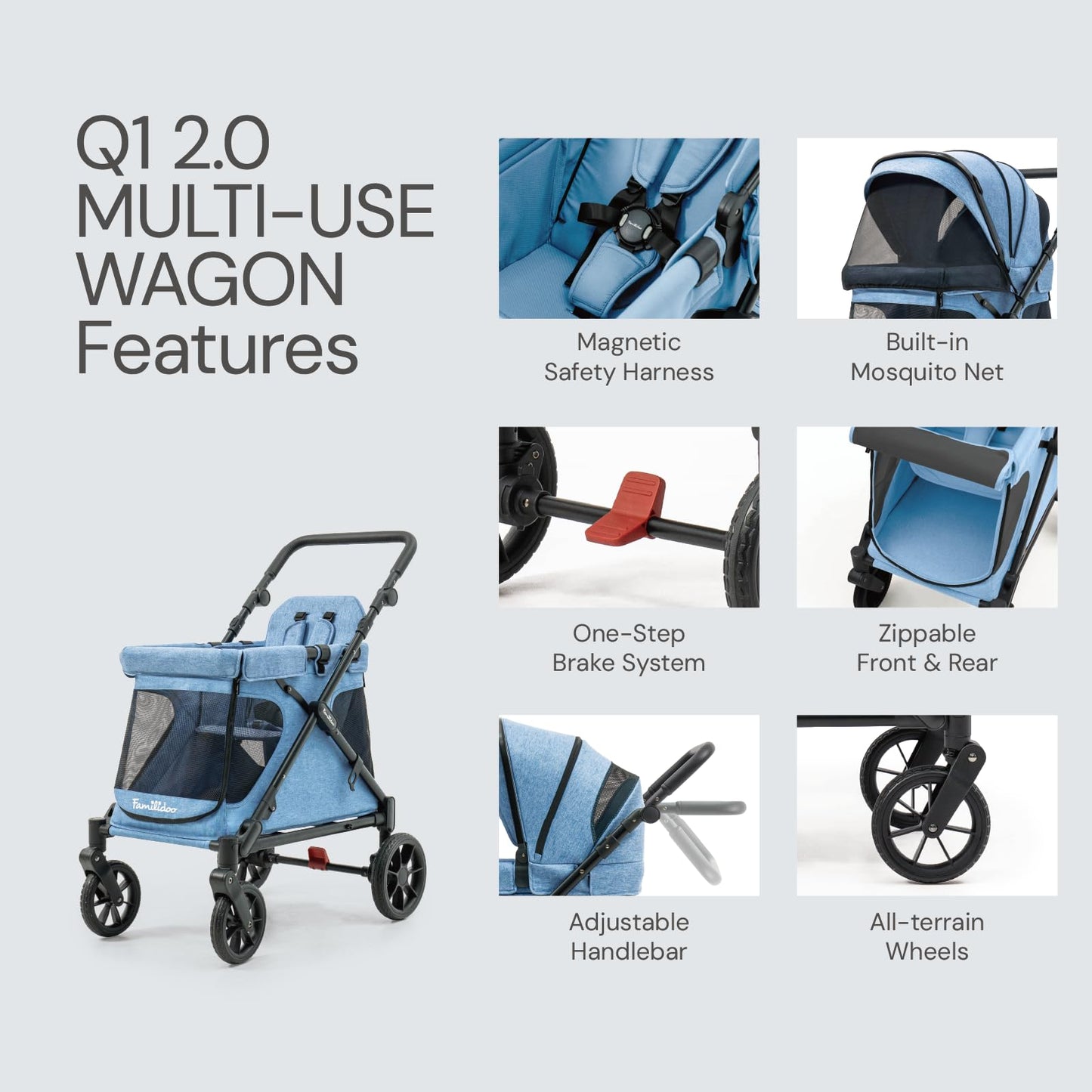Familidoo Q1 2.0 Multi-Use Kids Wagon Stroller – Foldable, Lightweight & All-Terrain for Kids & Pets – Magnetic Safety Harness, Rain Cover & Compact Travel Design – Up to 132 lbs (Denim Blue)