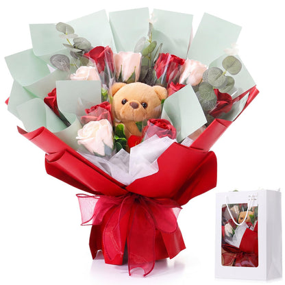 Suncalla Red Mother's Day Money Soap Flower Bouquet Kit, Handcrafted Soap Flower Money Bouquet Kit with Bear and Gift Bag, Unique Wedding, Birthday, Anniversary and Bridal Shower Gift