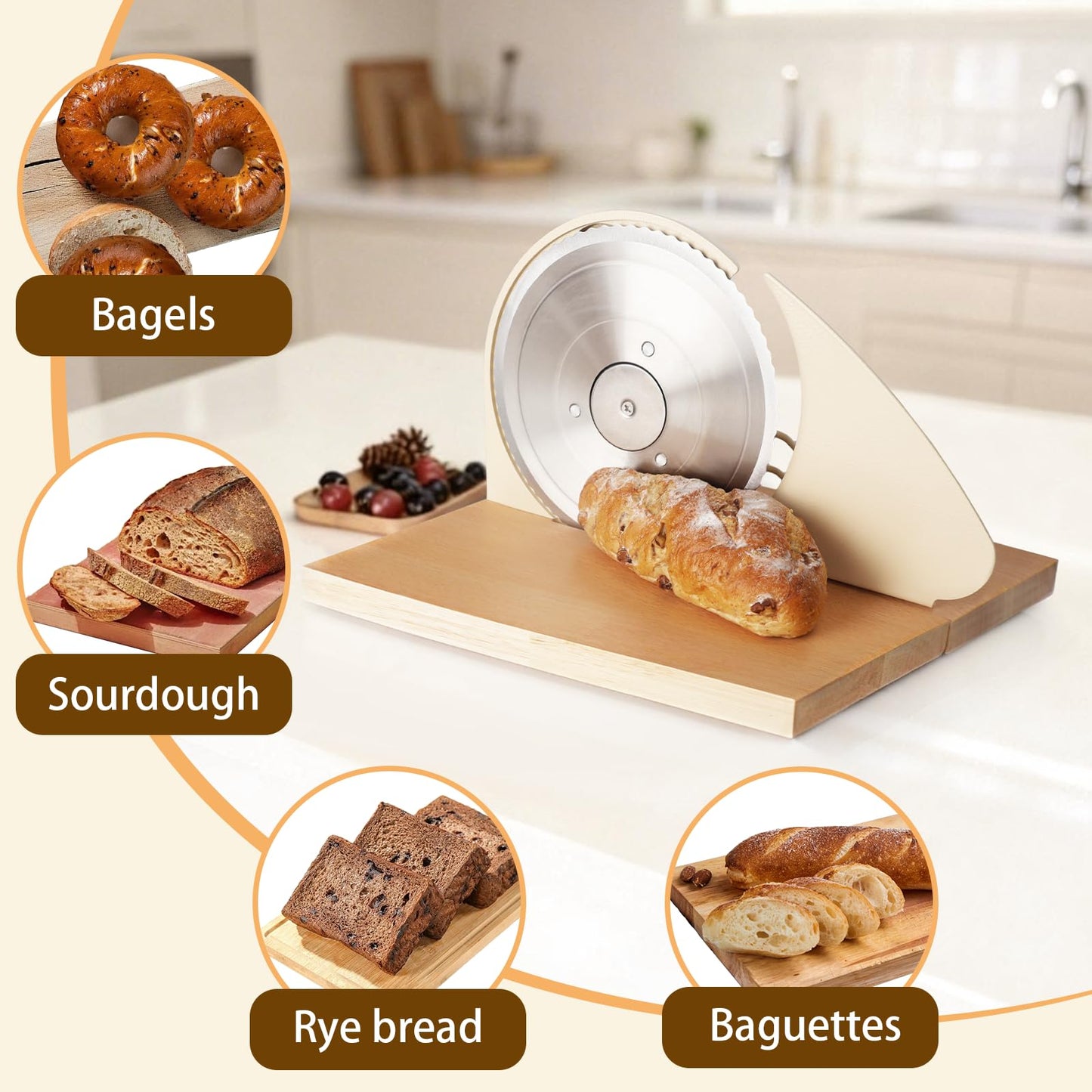 Brvclon Foldable Manual Bread Slicer with Wooden Board & Foldable Handle,0-0.9" Adjustable Thickness,Serrated Blade & Suction Cup,Bread Slicer for Homemade Sourdough Bread,Soft Bread,Bagels,and More